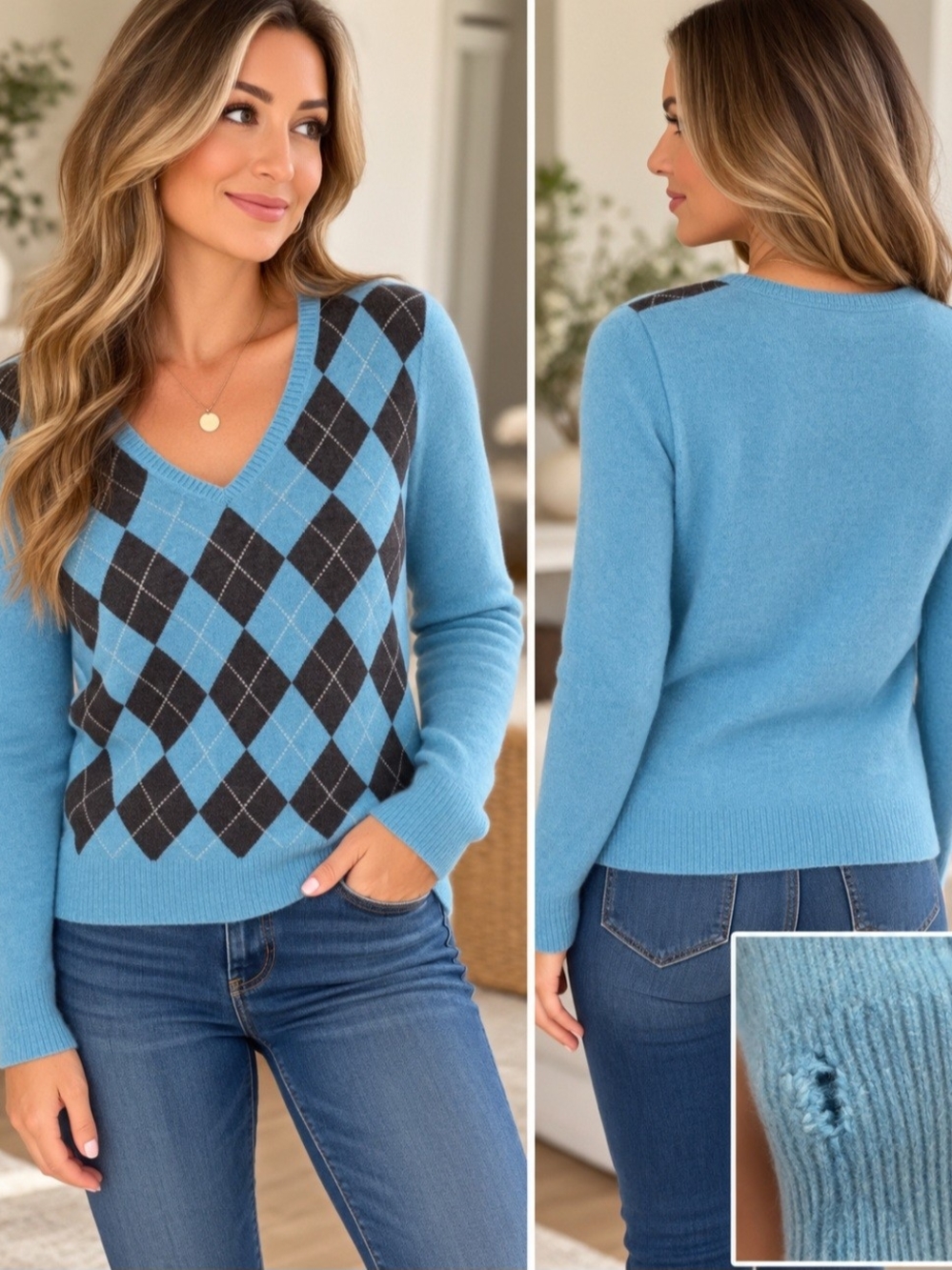 100% Cashmere Apt. 9 Sky Blue Argyle V-Neck Sweater